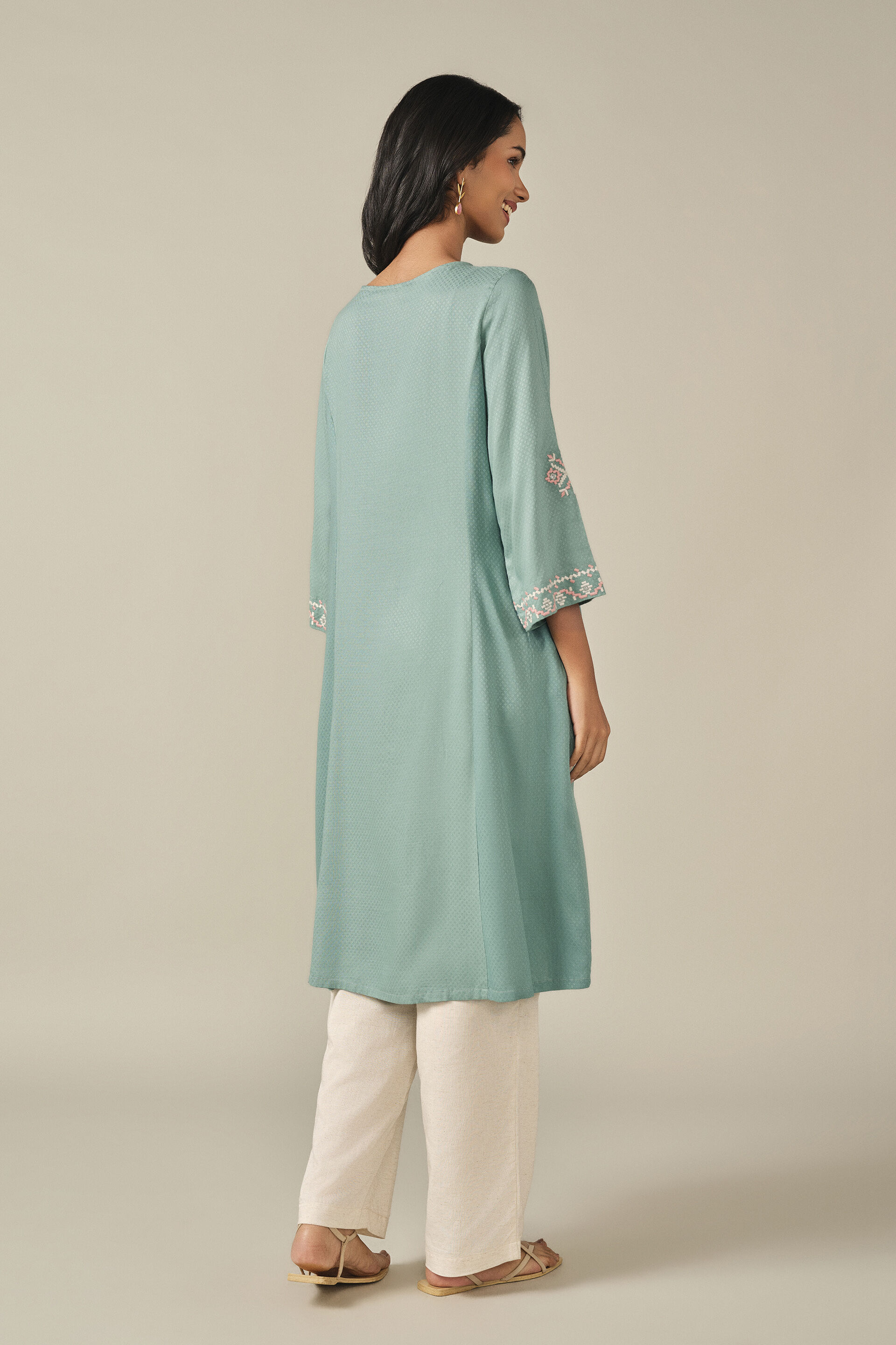 A-Line Embroidered Kurta in Teal, Teal, image 5